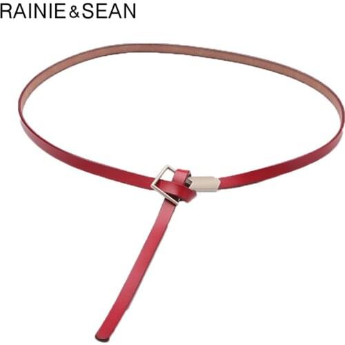 RAINIE SEAN Knot Belt Women Red Real Leather Belt Female Thin Designer Brand Red Simple Genuine Cow Leather Ladies Dress Belts