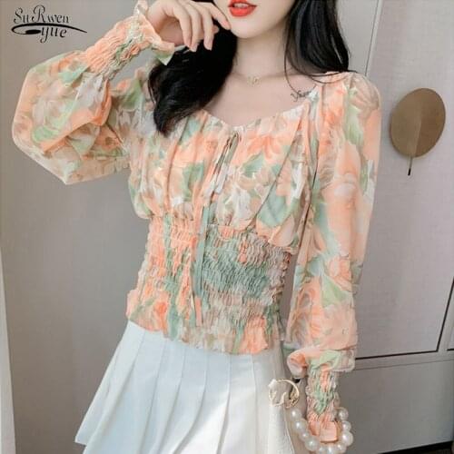 Print Chiffon Blouses Chic Blusas Fashion Woman Shirts 2021 Autumn Long Sleeve Casual Womens Tops and Blouses with Bow 10537