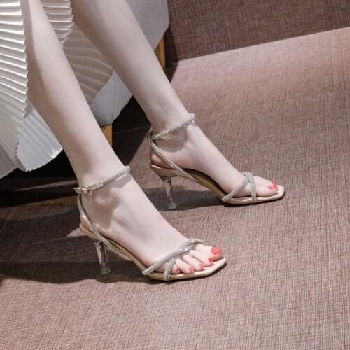 Rhinestone Ins Trendy Crystal Heel Sandals Fairy Style 2021 Summer New Fashionable Buckle Black High Heels Stiletto Heel Sandals