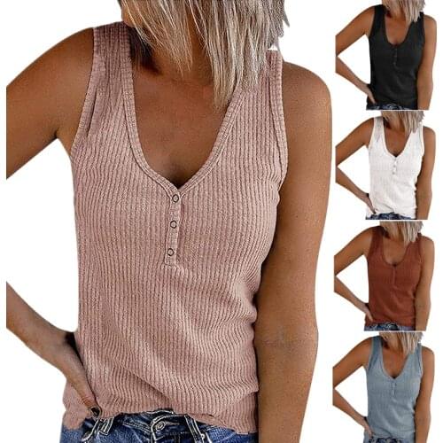 T-shirt top Summer new style European and American cross-border womens sleeveless button vest solid color V-neck stripe