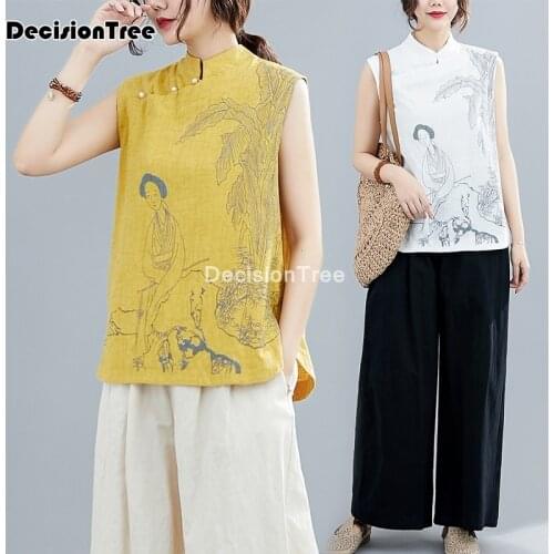 2021 printing women linen blouse shirt chinese style elegant sleeveless shirt women tops stand collar qipao cheongsam blouse