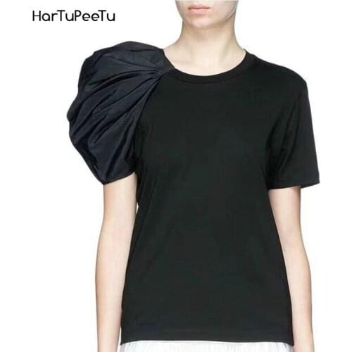 Women Vintage Tshirt Elegant Tee Office Lady Patchwork TopPuff Sleeve Solid Plus Size Short Sleeve Female T-shirt Black White