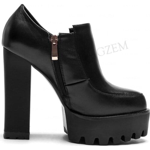 LAIGZEM Top Quality Boots Real LEATHER Platform Side Zip Chunky Heel Booties 2021 Ladies Dress Shoes Woman Big Size 37 38 39 40