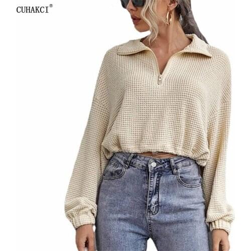 CUHAKCI Women Solid Knitted Sweater Female Turn-down Collar Long Sleeve Casual Khaki Short Pullovers Top 2021 Autumn Spring Tops