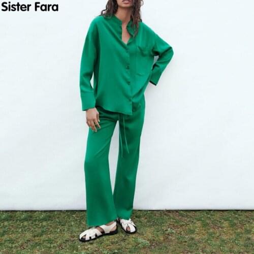 Sister Fara New Summer Stand Collar Shirt Womens Suit +Elastic Waist Drawstring Casual Wide Leg Pants Spring Womens Tracksuit