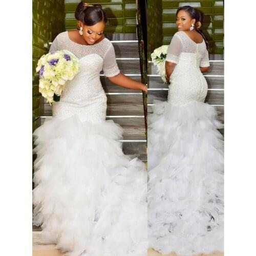 Fully Beaded Mermaid Plus Size Modest Wedding Dresses Half Sleeves Ruffles Tulle Dubai Full Figure Bridal Gowns