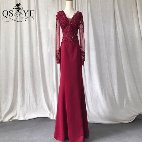 Lace Burgundy Prom Dresses Stretch Mermaid Long Red Dress Women Appliques Formal Party Gown V Neck Long Sleeves Evening Dress