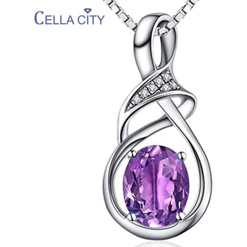 Cellacity Geometry Design Silver 925 Jewelry Gemstones Necklace for Women Oval Amethyst Aquamarine Citrine Pendant Dating Gift