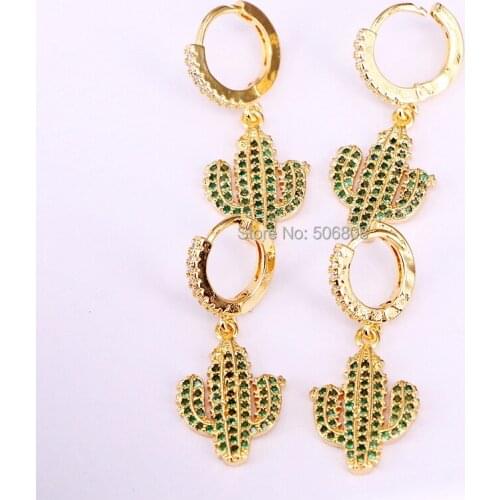 6 Pairs, Green CZ Gold color Cactus shaped dangle earrings crystal zircon earrings