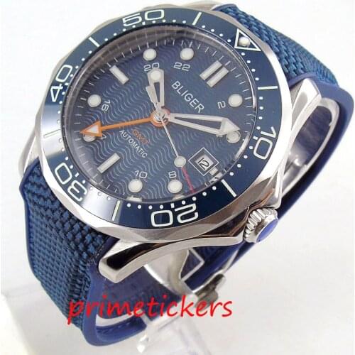 Automatic mens watch BLIGER mechancial wristwatch 41mm blue dial GMT luminous hands sapphire glass rubber strap blue bezel