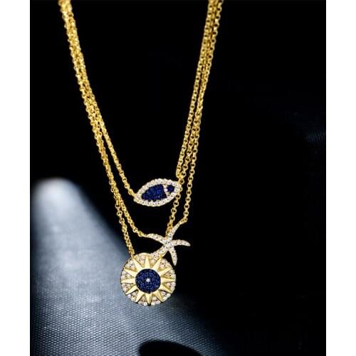 AAA Fashion Tropical Ocean Wind Three Layer Sterling Silver Chain Necklace Small Fish Starfish Necklace For Women