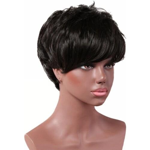 Gres Kinky Straight Women Black Wigs 10inch High Temperature Fiber Short Synthetic Hairpieces/Toupee Oblique Bangs for Lady