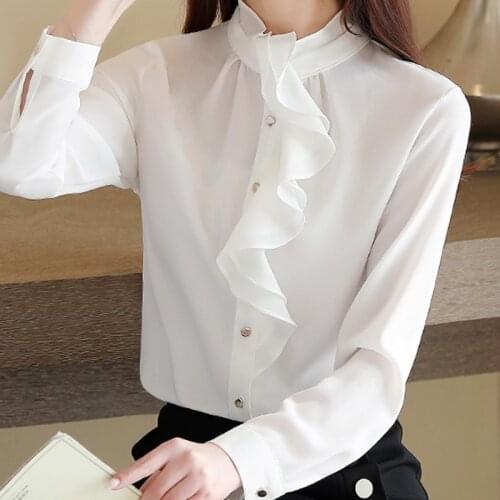 Women Blouses Blusas Mujer De Moda 2021 Long Sleeve Blouse Women Ruffles Stand Collar Pink Chiffon Blouse Shirt Women Tops C472