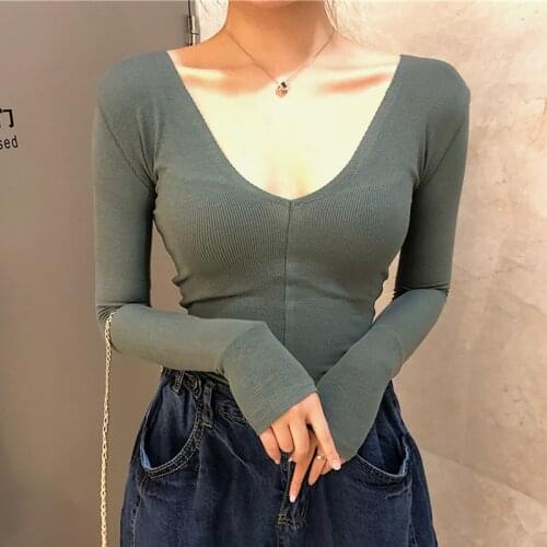 Shintimes Cotton Tshirt deep V-Neck Long Sleeve T Shirt Women 2020 Full T-Shirt Woman Clothes Tee Shirt Femme Camisetas Mujer