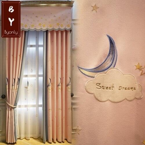 Moon Cotton and Linen Embroidery Childrens Room Bedroom Curtains Bay Window Cartoon Embroidery Finished Products Custom New