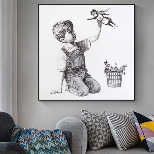 Little Boy Banksy Canvas Paintings on The Wall Art Posters and Prints Black and White Angle Wall Pictures for Home Room Decor