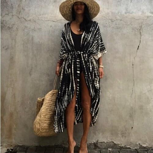 YYCZF Bikini Cover-ups Black Retro Tie Dye Striped Sun Block Self Belted Women Summer Kimono Dress Beach Wear Swim Suit Cover Up