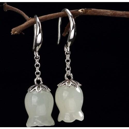 Natural 925 sterling silver inlaid hetian white jade orchid earrings jewelry simple individuality for women earings
