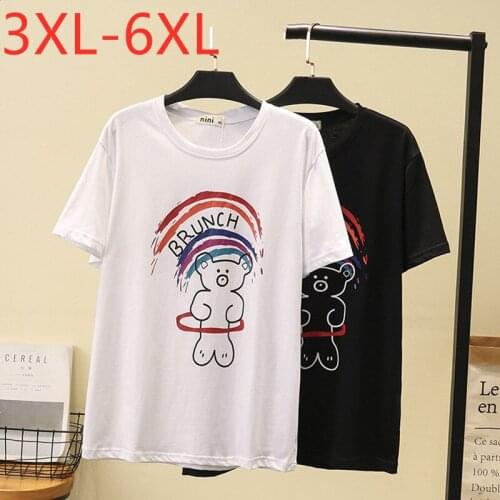 New 2021 Ladies Summer Plus Size Tops For Women Large Short Sleeve Cotton Loose White Print Cartoon T-Shirt 3XL 4XL 5XL 6XL
