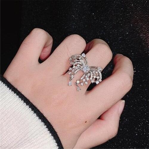 Origin Summer Shiny Rhinestones Tassel Rings for Women Girls Hollow Out Metal Butterfly Open Index Finger Party Ring Jewellery