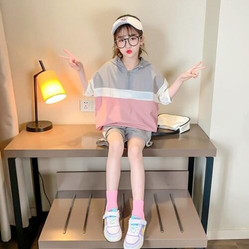 4 5 6 7 8 9 10 Years Girl Sets Casual Stitching Short Sleeve Top Shorts Sportswear Summer Big Girl Clothing Summer Children Suit