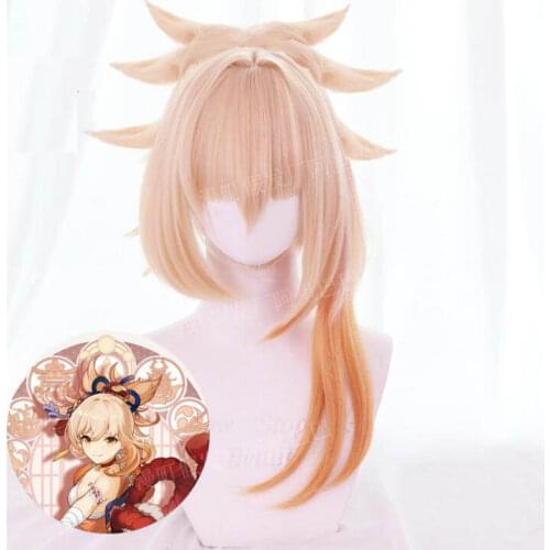Anime Yoimiya Cosplay Wig Game Genshin Impact Yoimiya Blond Orange Ponytail Fake Hair Halloween Party Role Play Wigs