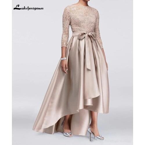 Mother Of The Bride Dresses Champagne High Low Beaded Lace 3/4 Sleeves Satin Skirt Sashes Wedding Party Evening Gown Formal Wear