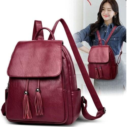 Woman Tassel Solid Color Backpack Casual Waterproof Lightweight Soft Leather Fashion Wild Shoulder Bag for Outdoor Travel