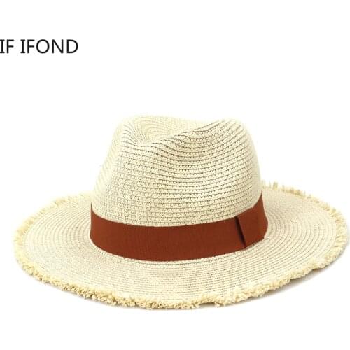 Fashion Burrs Summer Beach Ribbon Straw Hat Women Lady Wide Brim Panama Sun Hats Natural Paper Floppy Jazz Cap