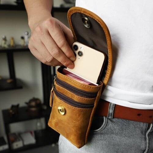 Handmade Genuine Leather Mens Messenger Bag Retro Small Portable Shoulder Crossbody Bags Cell Phone Zipper Pouch Belt Waist Bag