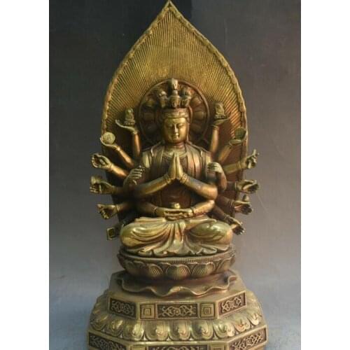 Tibet Bronze Seat 18 Hands Maha Cundi Kwan-yin Guanyin Quan Yin Goddess Statue