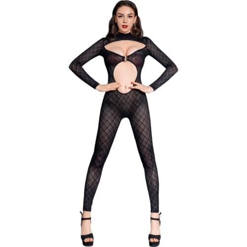 Hollow Out Exposed Chest Bodysuit Bodycon Jumpsuit Grid See Through Bodystocking Sexy Hot Erotic Lingerie Babydoll Catsuit Body