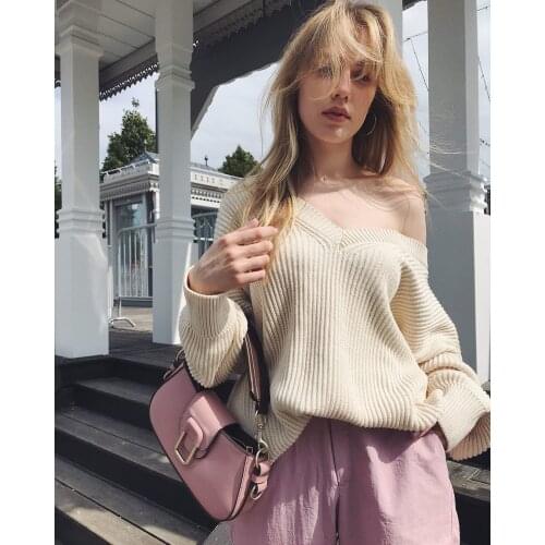 Womens early autumn new fashion personality front and back wear V-neck pullover sweater loose lazy casual top