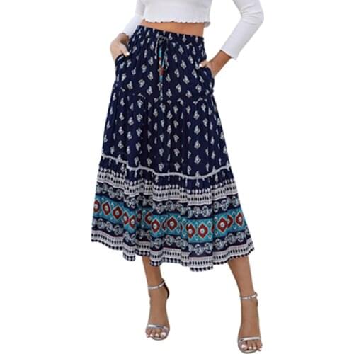 Eight Color Navy Blue Boho Vintage Floral Print Long Skirt Womens Casual High Elastic Waist Skirts Summer Elegant Female Bottom