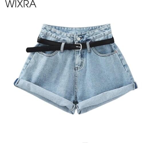 Wixra Womens Basic Denim Shorts With Sashes Summer New Trendy Pants High Waist Casual Jeans Bottons
