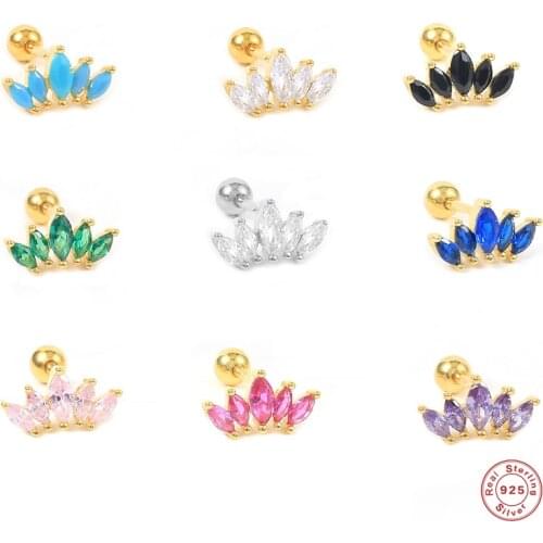 Aide 925 Sterling Silver Colored Oval Zircon Crown Shape Stud Earrings For Women Rainbow Crystal Leaf Branch Cartilage Ear Studs