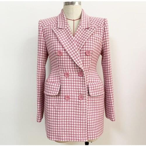 Newest HIGH QUALITY 2021 Fall Winter Fashion Designer Overcoat Womens Slim Fitting Pink Houndstooth Tweed Wool Coat