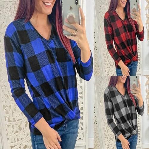 2019 V-Neck long sleeve twisted Plaid top T-shirt for women Casual V-Neck long sleeve twisted Plaid top T-shirt for women