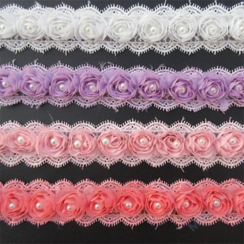 2yd Soluble Rose Flower Pearl Chiffon Embroidered Lace Trim Ribbon Fabric Sewing Craft Patchwork Handmade For Costume Decoration
