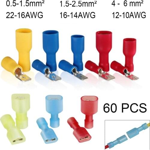 60Pcs Spade Terminal Female Male Connector Wire Terminal Butt Splice Terminals for Wire Crimp Connector Assortment Terminator