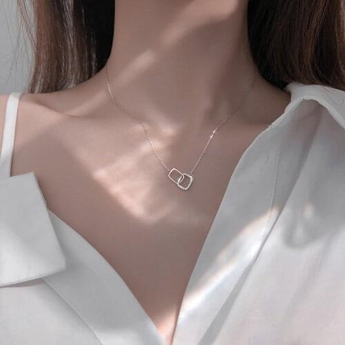 925 Sterling Silver Double Square Charm Necklace For Women Girls Pendant Clavicle Chain Party Fashion Jewelry Choker dz676