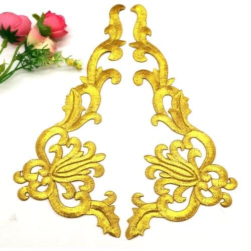Iron On Appliques Mirrow Pair Garment Flower Gold Embroidered Patches 19.5cm*10cm