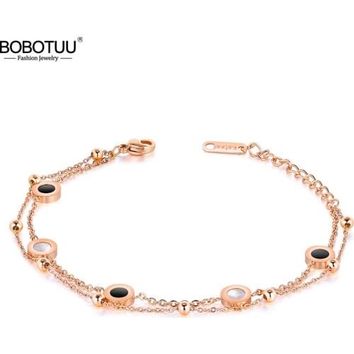 BOBOTUU Classic Double-sided Black/White Shell Chain & Link Bracelets Jewelry Titanium Steel Charm Bracelets For Women BB18090