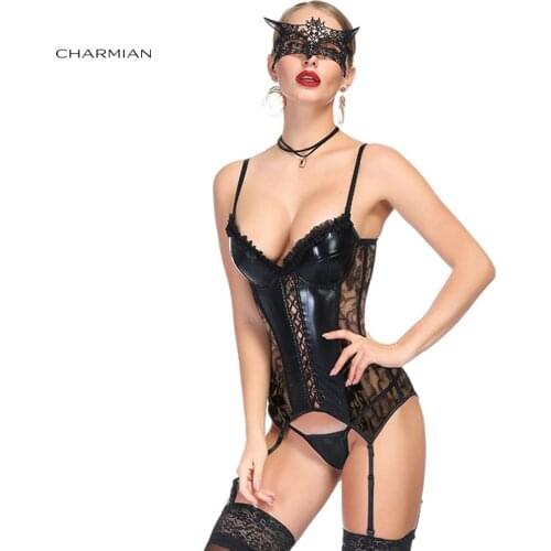 Charmian Sexy Black Wet Look PU See-through Floral Lace and Mesh Spaghetti Straps Stretchy Chemise Lingerie Set Bustier Corset