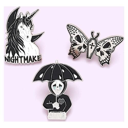 Gothic Skull Badge Fashion Punk Umbrella Ghost Unicorn Butterfly Enamel Brooch Unique Lapel Backpack Jewelry Accessories Gift