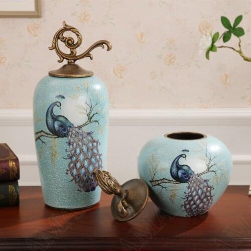 American Ceramic Vase Retro Hand Painted Peacock Decorative Living Room TV Cabinet Modern Flower Vase Creativity Home Decoration