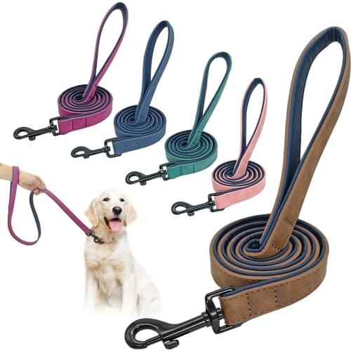 Leather Dog Leash 4 ft Dog Leash 2 Layer Pet Dog Leash Leads with Padded Handle for Medium Large Dogs Walking Training