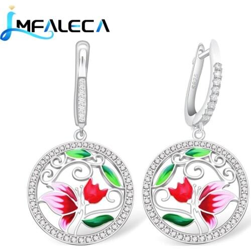 LMFALECA Silver Drop Earrings for Women 925 Sterling Silver Jewelry Red Green Enamel Plant Fine Party Wedding Luxury Jewelry