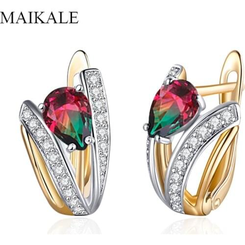 MAIKALE Luxury Red Green Zirconia Stud Earrings for Women Gold Color Geometric Heat CZ Crystal Ear Studs Exquisite Jewelry Gifts
