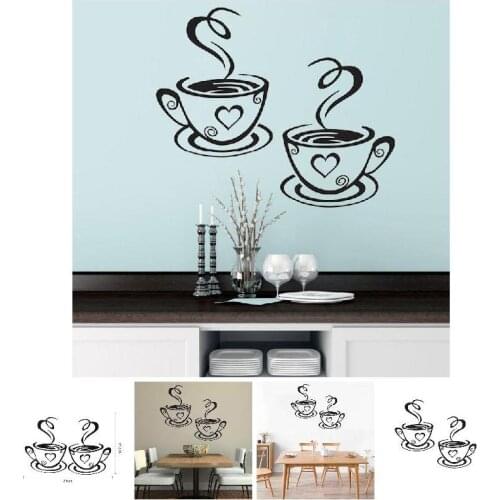 New Removable Double Coffee Cups Wall Sticker PVC Vinyl Art Wall Decals Adhesive Stickers Kitchen Room Decor Painting Wall Stic